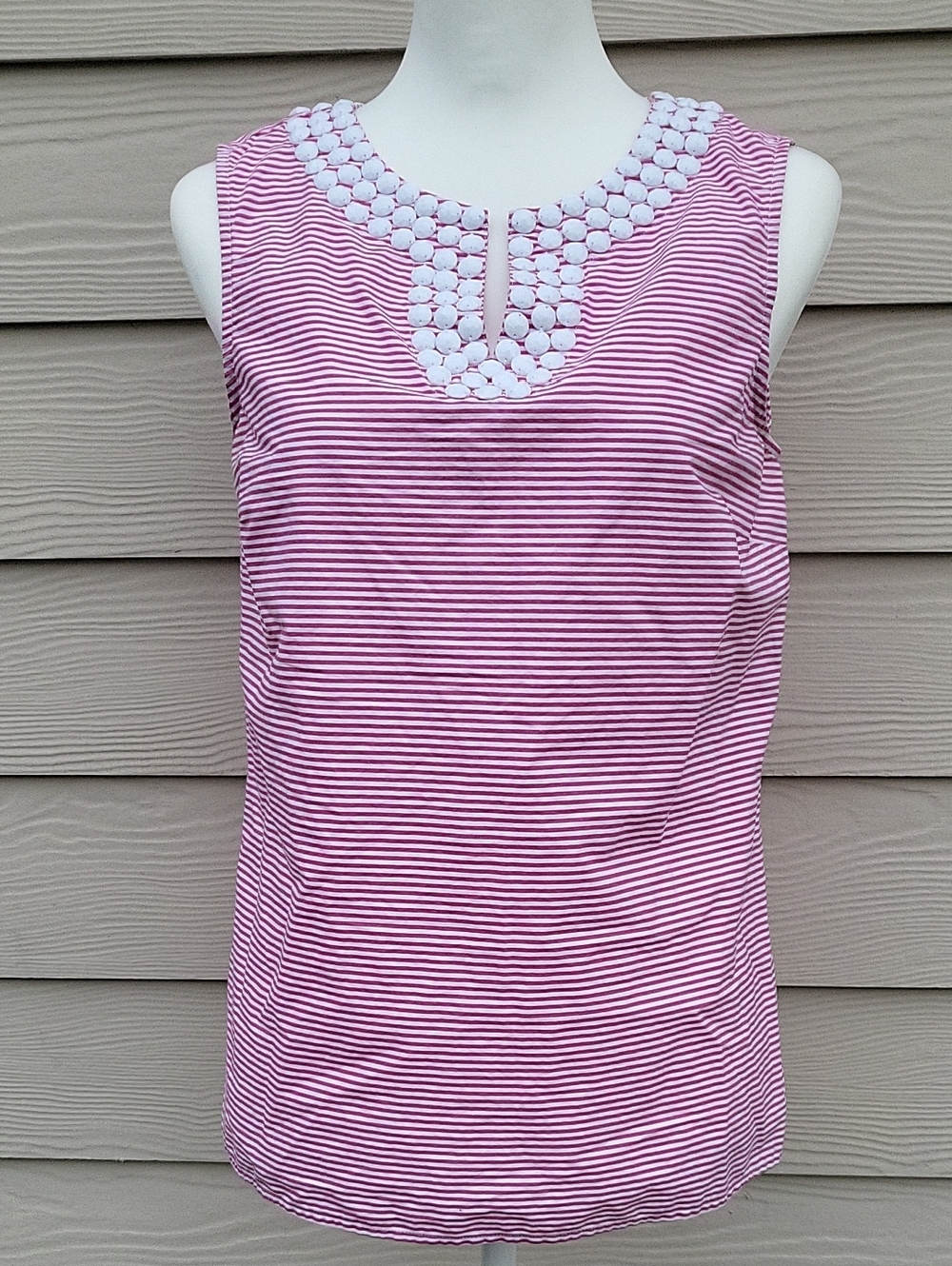 Talbots Pink White Striped Sleeveless Blouse Small Beaded Neckline Career Casual